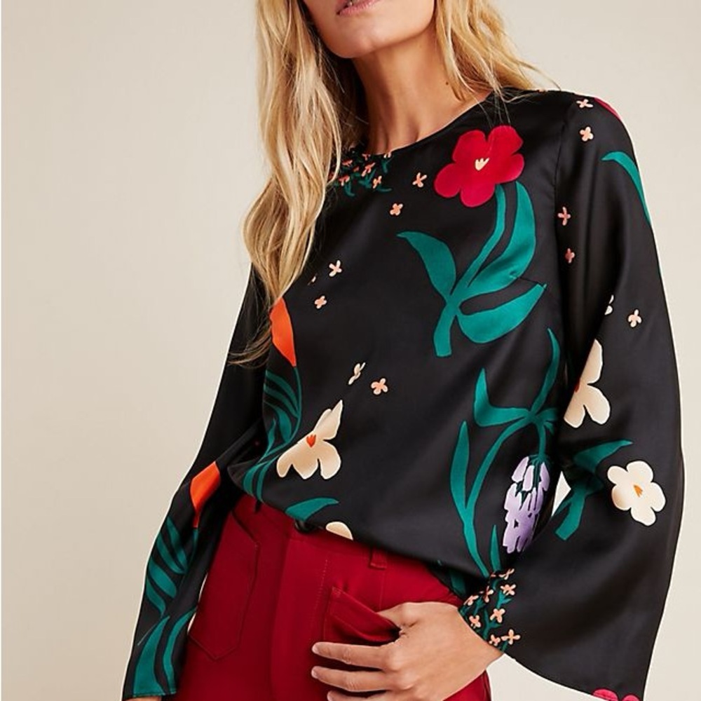 Marimekko Mysteeri Herbaario Silk Black Blouse with Bold Floral Design